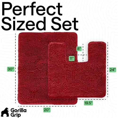 Image of GORILLA GRIP Bathroom Rug Sets, Soft Chenille 2 Piece Area Rugs Set, Toilet Base Mat and 30x20 Carpet, Absorbent Microfiber Washable Mats Dry Quickly, Home Decor and Bath Room Accessories, Red