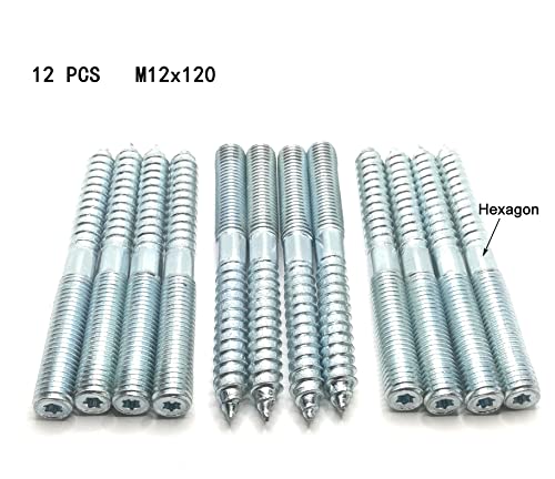 Image of Hanger Bolt M12x120 Silvery Double Headed Bolt Self-Tapping Screw with Hexagon for Furniture 12Pcs