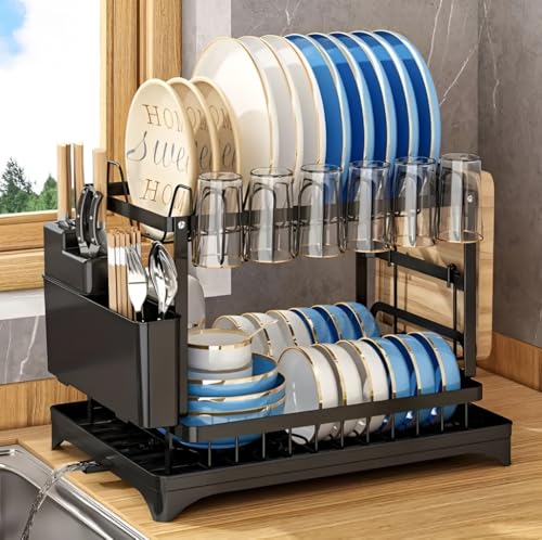 Image of 2 Tier Dish Drying Rack for Kitchen Counter with Drain Board, Swivel Drainage Spout & Cup Holder - Rust Resistant Metal Dish Drainer with Utensil Holder, Cutting Board Stand for Plates Bowls Cups