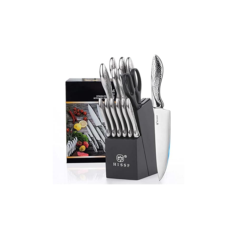 Knife set, HISSF Knife Set for Kitchen with Block, 14 Piece Kitchen Knife Set with Built-in Sharpener, Professional High Carbon Stainless Steel Kitchen Knives For Chopping, Slicing, Dicing