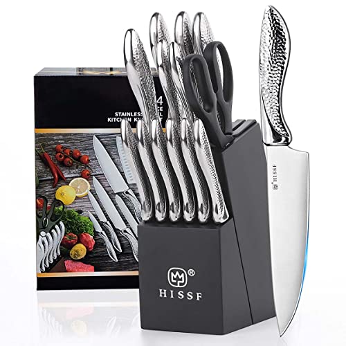 Knife set, HISSF Knife Set for Kitchen with Block, 14 Piece Kitchen Knife Set with Built-in Sharpener, Professional High Carbon Stainless Steel Kitchen Knives For Chopping, Slicing, Dicing - image 1