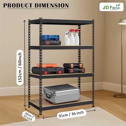 Image of JD FRESH 4 Tier Extra Large Metal Shelf Rack /60x36x12 Inch Adjustable Boltless Shelving Unit /Heavy Duty Display Rack Organizer for Warehouse /Kitchen /Garage /Shop /Tool-Free Assembly and Rust-Resistant