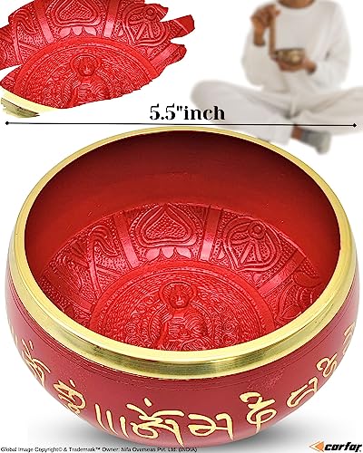Carfar Tibetan Singing Bowl Set 5.5\"inch Large Solid Brass Handcrafted Meditation, Mindfulness, Yoga, Spiritual Healing and Stress Relief Sound (Red)