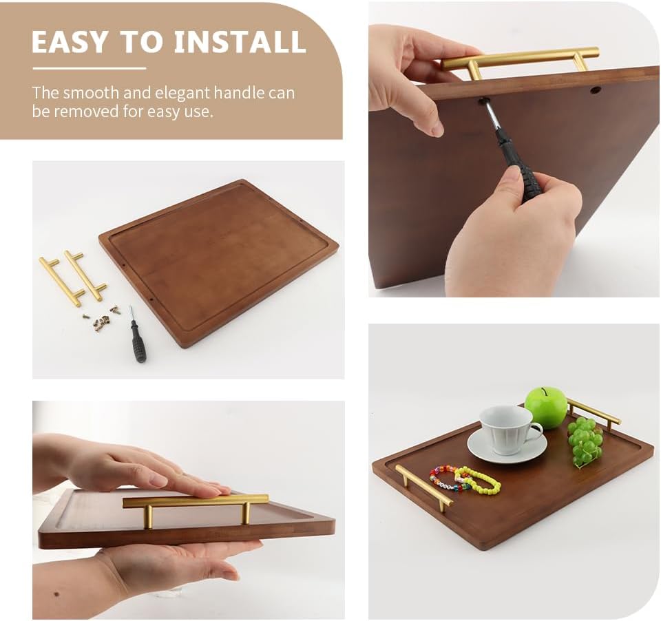 Bamboo Serving Tray with Metal Handles(15.75x11.81inch) | Home Decorative Rectangle Ottoman Platter Bathroom Vanity Tray for All Occasions, Including Installation Tools - Image 8