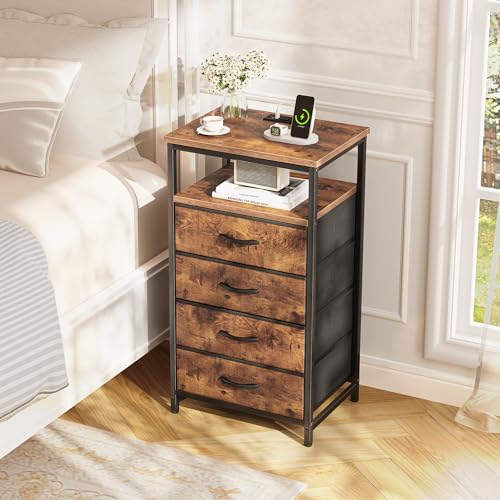 Image of Huuger Night Stand with Charging Station, 4 Drawer Dresser for Bedroom, Bedside Table, 33.9 Inch Tall Nightstand with Open Shelf, End Table, for Closet, Entryway, Bedroom, Rustic Brown