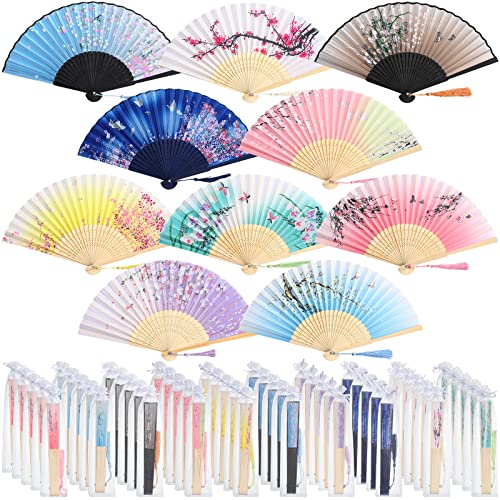 Sintuff 50 Pcs Hand Fan Bamboo Silk Folding Fan Chinese Design Handheld Fan Ink Paintings Foldable Fan Makeup Fan Decorative Folding Fans Cosplay Decorations Women Party Festival (Plain Color) #TOP26