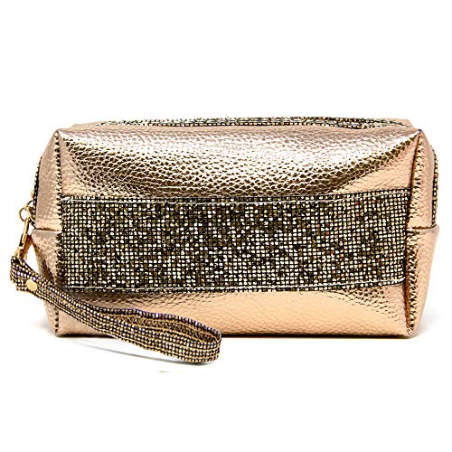 Me Plus Portable Makeup Case Cosmetic Bag for Women Small Pouch Travel Organizer Purse Wristlet With Zipper (Metallic Glitters - Rosegold)