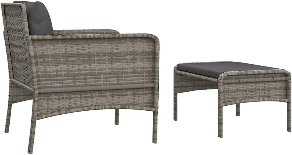 vidaXL Outdoor Lounge Set – Gray Poly Rattan Patio Furniture with Chair and Stool - Dark Gray Removable Cushion - Metal Frame - Industrial Style Home & Garden Decor