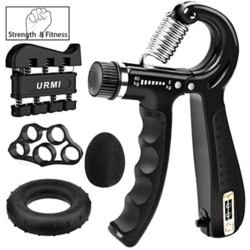 URMI Hand Grip Strengthener, 5 Pack Adjustable Counting Hand Gripper Forearm Grip Exerciser Equipment Kit, Finger Exerciser Finger Stretcher Grip Ring & Stress Relief Grip Ball for Athletes Musicians