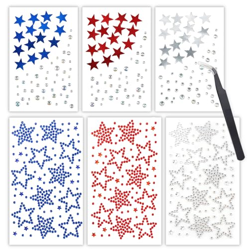 4th of July Face Gems and Hair Gems Red White and Blue Star Rhinestone Stickers Independence Day Self Adhesive Rave Accessories for Face Hair Body Makeup Crafts
