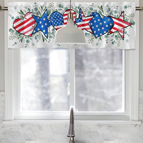 Hawskgfub America Star Stripe Heart Eucalyptus Leaf Kitchen Curtains Valance 54X18, Patriotic Independence Day Short Window Topper Rod Pocket, Red Blue Usa Home Living Room Bedroom Bathroom Decor #TOP1