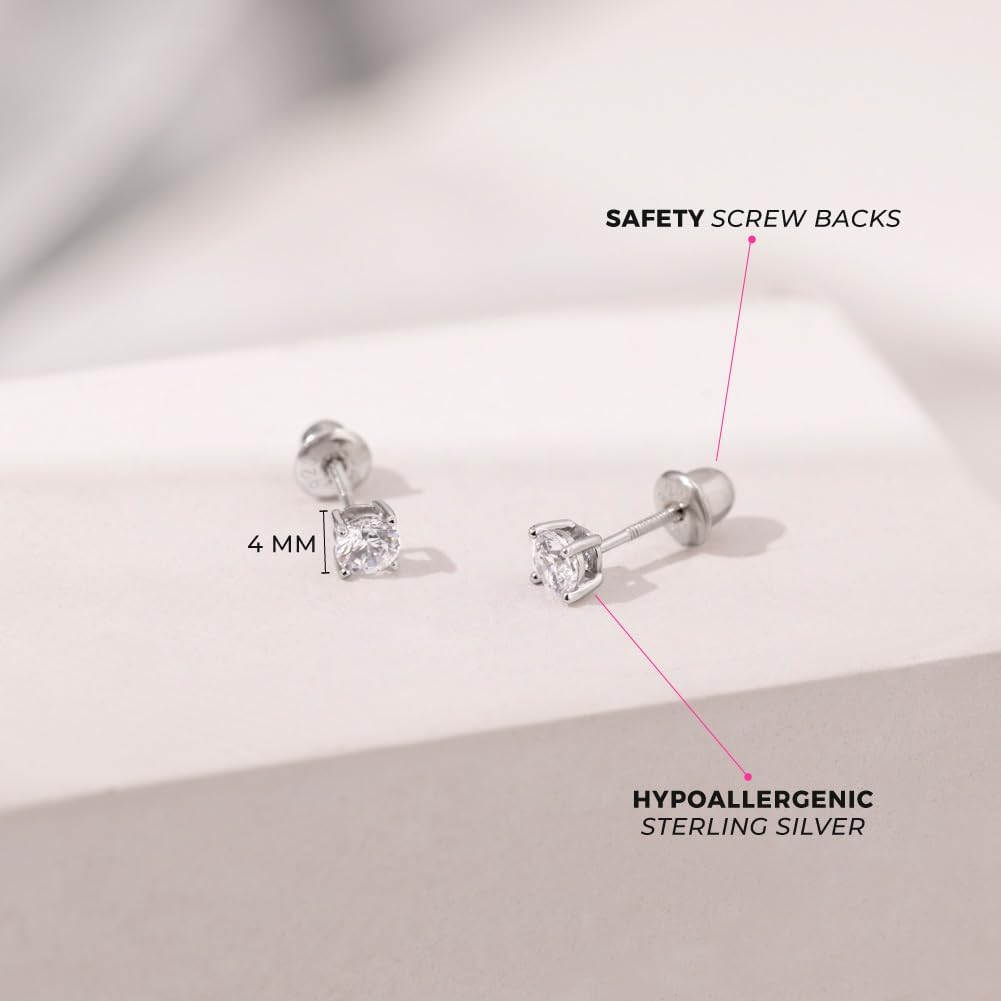 In Season Jewelry CZ Solitaire Kids Earrings - 925 Sterling Silver Hypoallergenic Earrings for Girls with Secure Screw Backs - Safe & Comfortable for Kids & Little Girls