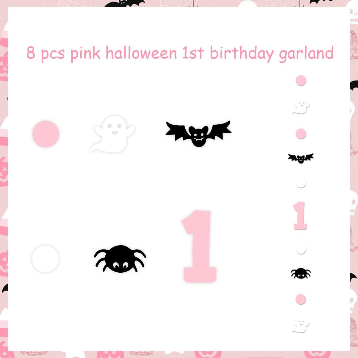The Spooky One Birthday Decorations for Girls Pink and Black Halloween Theme Hanging Garland Kit with Bats and Spiders Halloween Theme 1st Birthday Party Decorations Hanging Streamer