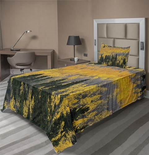 Ambesonne Fall Sheet Set, Colorful Aspen Forest in Colorado Rocky Mountains Western Wilderness USA Theme, Fitted and Flat Sheet with Pillowcase Bedding Accent 3 Piece Set, Twin XL, Green Yellow Grey