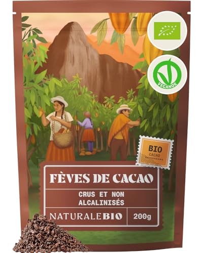 NaturaleBio Grué de Cacao Cru Bio 200g. Organic Raw Nibs. Naturel et Pur à partir de Fèves Crues. Produit par la Plante Theobroma. Source de Magnésium,...