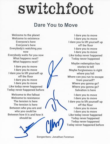 Switchfoot Band Signed Dare You To Move Lyrics Sheet COA Proof Autographed Jon Foreman Tim Forman Chad Foreman Jerome Fontamillas