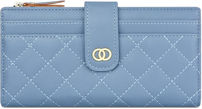 Women Elegant Wallet PU Leather Purse, 15 Card Slots, Photo ID Window, Women Bi-Fold Zipper Purses, Large Capacity Ladies Purse, Coin & Phone Pocket, Blue