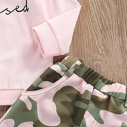 Mandizy Kids Toddler Girl Spring Fall Outfits Blessed Letter Print Long Sleeve Sweatshirt Tops And Camouflage Pants Clothes Set (Pink, 3-4T) #TOP4