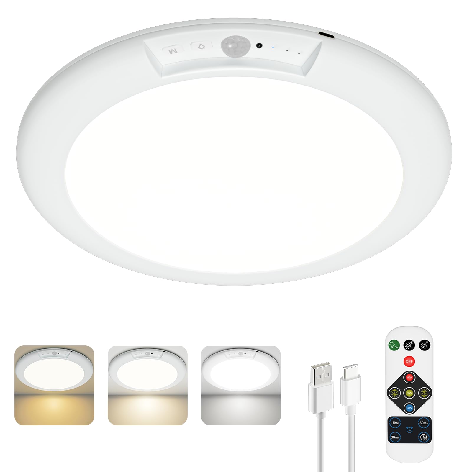 Toowell Akku Lampe mit Bewegungsmelder Innen Deckenlampe Ohne Stromanschluss,Deckenlampe mit Bewegungsmelder Akku Deckenleuchte Ohne Bohren,Batteriebetriebene Deckenleuchte für Bad Keller Garage