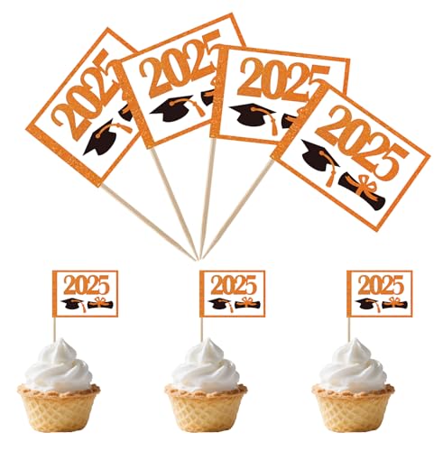 TMHTMH 100 PCS 2025 Graduation Theme Cupcake Toothpick Flags, Mini 2025 Graduation Cap Diploma Cupcake Party Cake Decorations Supplies,Cupcake cocktail fruit decoration (Orange)