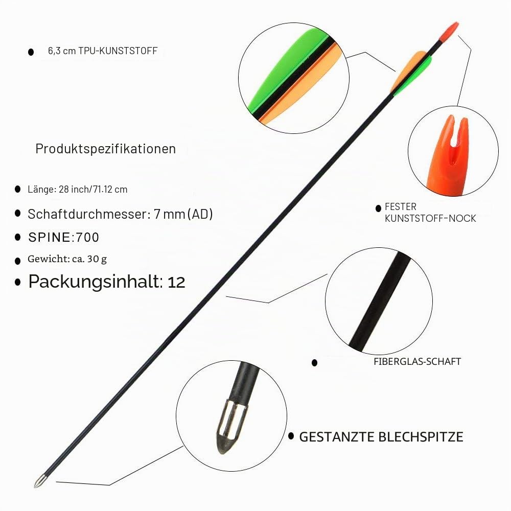 Huntingdoor 12 Stück Pfeile für Bogenschießen 28/26 Zoll Bogen Pfeil Übungspfeile Fiberglaspfeile für Anfänger Pfeil und Bogen Zielübung