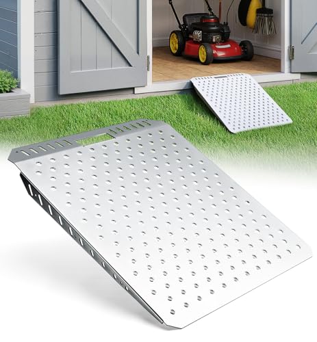 Lupar Heavy-Duty Shed Ramp for Riding Mower, Ramps for Sheds Entrance Garage Threshold Lawn Mowers Wheelchairs Snow Blower Garden Cart 750LBs Loading Anti-Slip Punch Plate Metal Ramp 1PC (29'L × 24'W)