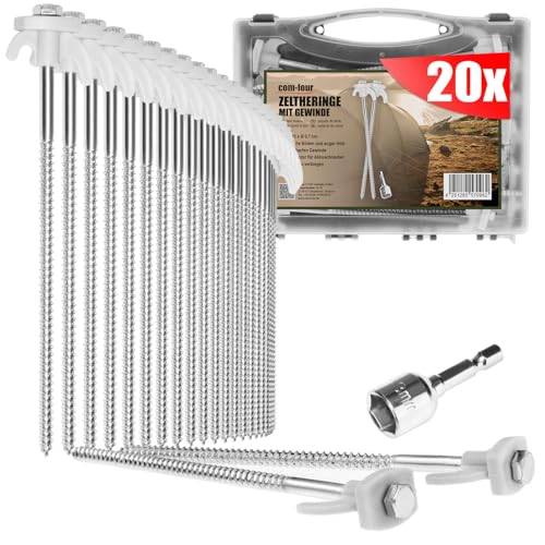 com-four® 20x szpilki do namiotu wykonane ze stali - wkrecane sledzie w pudelku transportowym - solidne kolki do podloza z gwintem do biwakowania i na zewnatrz - sledzie idealne do twardego podloza