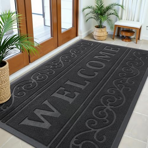 Image of OLANLY Welcome Door Mat Indoor Outdoor Entrance, Heavy Duty Sturdy Front Door Mat, Waterproof All-Weather Doormat, Stain Resistant, Low Profile, Easy Clean Patio Entryway Mat, 59 x 35, Black