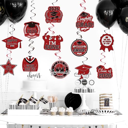 Image of Graduation Hanging Swirls Decorations, Red and Black Graduation Party Decorations, 30PCS Class of 2026 Streamers Ornaments for Classroom Ceiling Office High School College Congrats Grad Party Favors