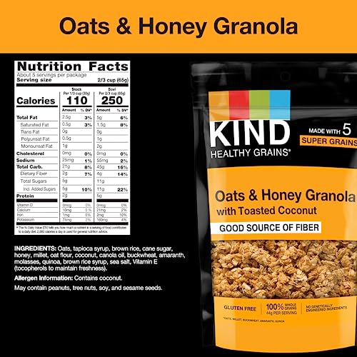 Healthy Grains Granola, Oats & Honey Clusters with Toasted Coconut, Healthy Snacks, Gluten Free, 100% Whole Grains, 5g Protein, 11oz, 3 Count