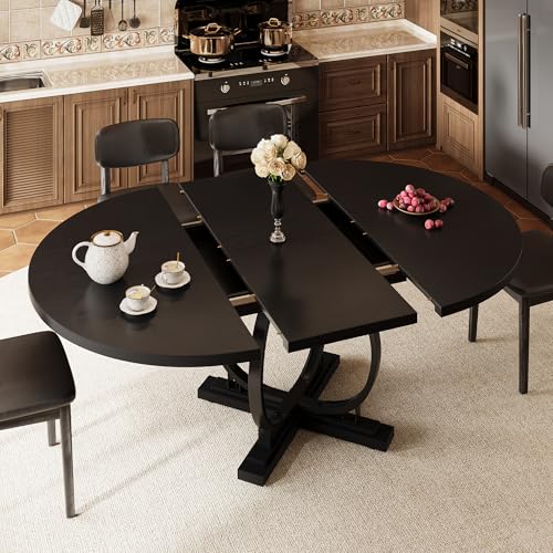 iPormis 59'' Extendable Round Dining Table for 4 to 6, Oval Kitchen Table with Sturdy X-Base Metal Legs, MDF Board with Backboard Clasp, Space Saving, Easy Assembly, Kitchen Dining Living Room, Black