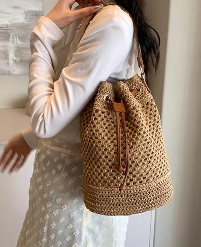 Womens Straw Bucket Bags Small Beach Shoulder Crossbody Purse Handmade Woven Totes Summer Drawstring Handbags4