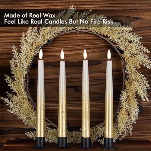 Image of Fanna 9.6 inch Flameless LED Taper Candles with Timer in Real Wax, Battery Operated Rustic Metallic Dinner Candlesticks with Remote, 8 Batteries Included - Set of 4 - Sand Grey /Gold