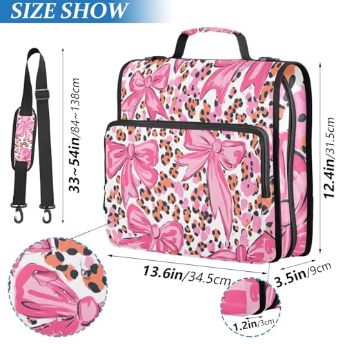 Image of 3 Ring Zipper Binder with Shoulder Strap Pink Bow Leopard Print 1.5 inch Binders Keeper Large Capacity Multi Pockets for School Office Supplies