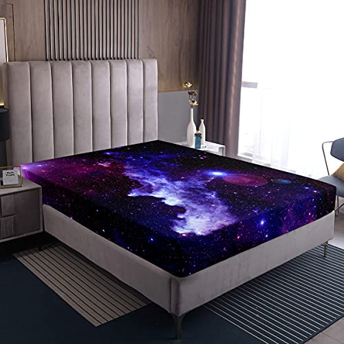 Loussiesd Galaxy Fitted Sheet 100% Microfiber Breathable Starry Sky Only Bedsheet No Pillowcases Fitted Sheets Luxury Outer Space Themed Single Size(90 x 190+30cm)