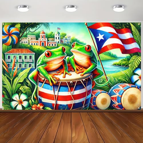 Image of BlissYard Puerto Rico Banner 71 x 43 inchs Boricua Frog Drum Flag Backdrop Tropical Island Festival Wall Decor for Puerto Rican Party Parade Cultural Event Home Decoration