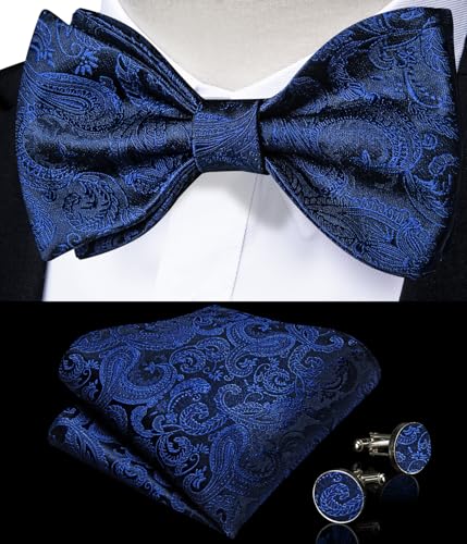Image of DiBanGu Men Bow Tie Paisley Striped Self-Bow Tie for Men and Silk Woven Bowtie Pocket Square Cufflinks Wedding Party