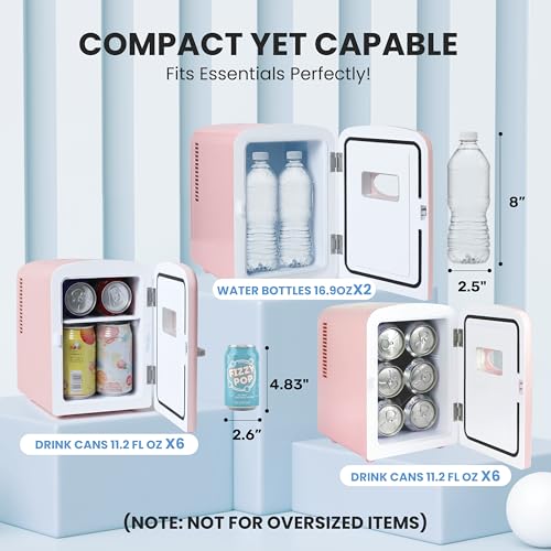 Image of HealSmart Mini Fridge Portable 4 Liter /6 Can with Observation Window, Cooler&Warmer Small Desk Compact Refrigerator for Skin Care, Cosmetics, Beverage, Food in Bedroom, Car, Office, Dorm, Pink