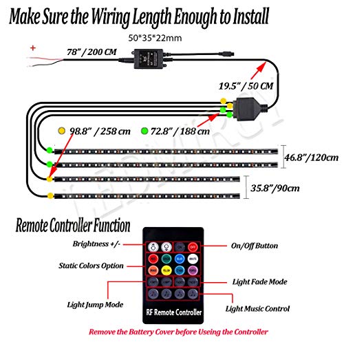 Car Underglow Lights,Underbody Lighting Kit 12V Rgb Led Strip Lights For Cars Neon Strip Lights 5050 Smd Multi Color Atmosphere Decorative Lights Strip Sound Active Wireless Remote Control(90-120Cm) #TOP5