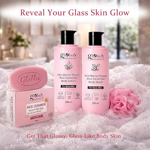 Image of Globus Naturals Rice Ceramide Body Care Combo for Glass Skin | Body Lotion + Body Wash + Soap + Loofah | Intense Hydration & Barrier Repair | Bright, Smooth & Radiant Skin | Daily Use for Men & Women | All Skin Types