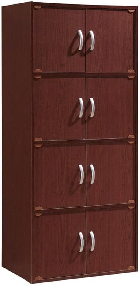 Pemberly Row 4 Shelf 8 Door Bookcase, 54.3 in H x 23.4 in W x 15.5 in D, Mahogany Finish, Slim Vertical Design, Wood Construction, Multipurpose Storage for Office, Bedroom, Closet or Entryway