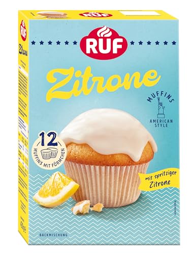 RUF Zitronen Muffins Backmischung, fruchtige American Style Muffins mit Zitronenglasur, einfache Zubereitung, 12 Muffin-Förmchen inklusive