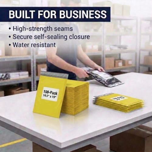 Image of BOX USA Shipping Bags 14 inch x 19 inch (100-Pack) Yellow - Large Heavy Duty Self-Adhesive Envelope Poly Mailers for Packing, Secure Shipping, & Small Business Mailing