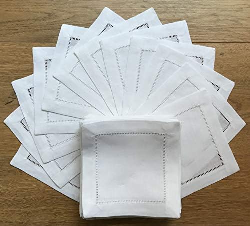 White Linen Cocktail Napkin 6"x6" Set of 50 Linen Cloth Napkin Coasters-Ladder Hemstitch 100% Linen Beverage Party Napkin Coaster Super Value Bulk 50 Pack