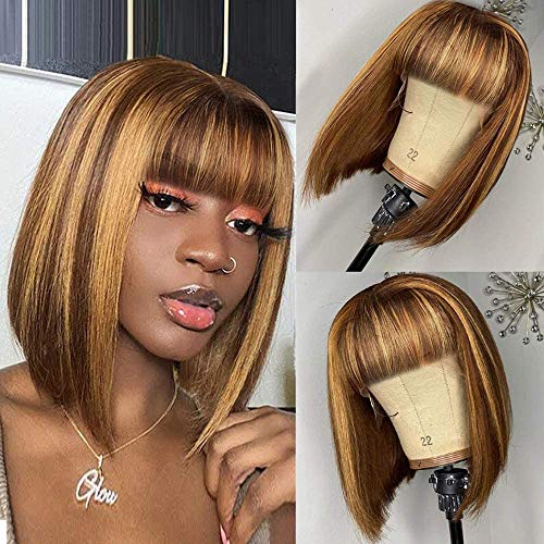 BLISSHAIR Ombre Color 4/27 Short Bob Wigs with Bangs Human Hair For Women Short Bob Wigs Highlight Color Straight Brazilian Remy Hair Wigs With Bangs Pre Plucked Gluless Wigs Middle Part(10 inchï¼‰
