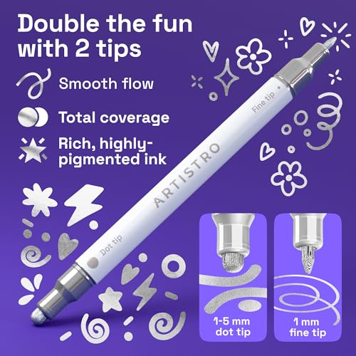 Image of ARTISTRO 12 Silver Dual-Tip Acrylic Paint Markers - Paint Pens Set with Dot & Fine Tips for Fabric, Rock, Glass, Wood, Coloring Books - Arts & Crafts Gift - Classroom Must Haves & School Supplies