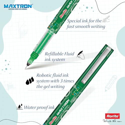 Image of Rorito Maxtron Pen | Robotic Fluid Ink Technology | Tungsten Carbide Fine Tip | Waterproof Ink | Ideal Pen for Students | Refillable (Green)