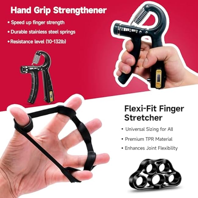 FitBeast Hand Grip Strengthener Workout Kit (5 Pack), 2 Forearm Grip Adjustable Resistance Hand Gripper, Finger Stretcher, Grip Ring & Stress Relief Grip Ball for Athletes