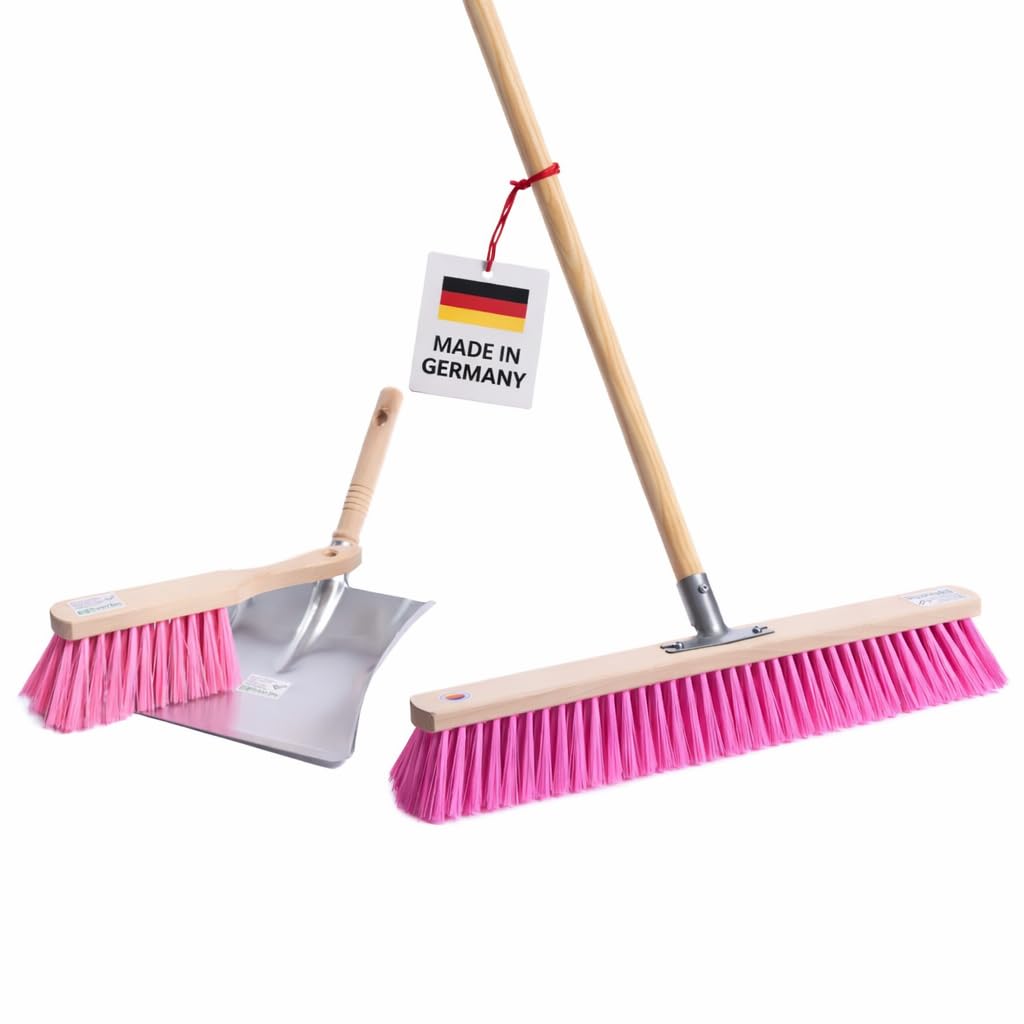Pink-Star Besen Handfeger Set Straßenbesen mit Pinken Borsten Komplett-Set mit Stiel Besenstiel Hochwertig Langlebig für Draußen Garten Werkstatt Haus und Hof 60cm mit Holzstiel