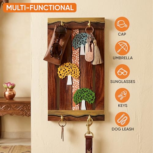 Image of AAKRITI ART CREATIONS Key Holder, Trinity of Trees Key Hanger | Rustic Teak Wood Wall Organizer with 4 Hooks | New Home Gifts | Multifunctional Entryway Decor Item